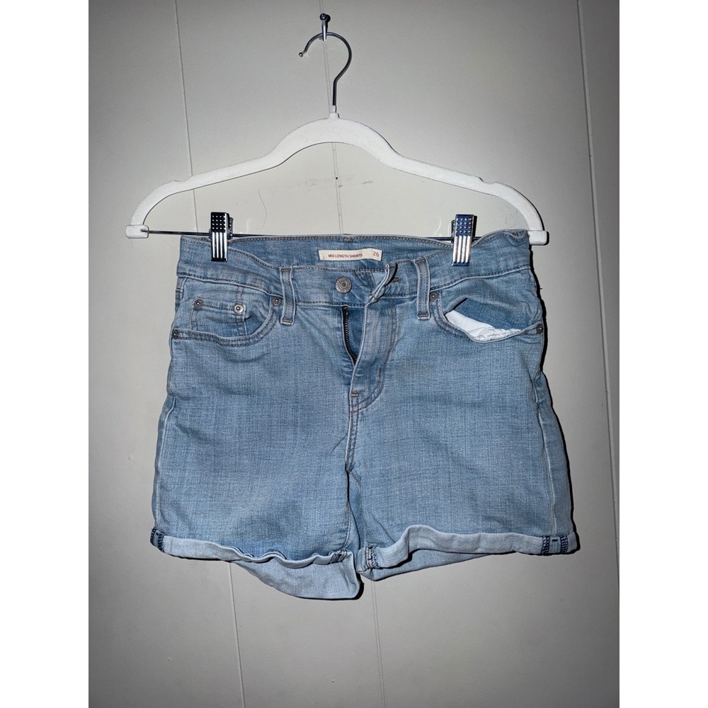 Levis Mid Length Denim Shorts Womens 26 Light Wash Blue Cuffed Jean Shorts